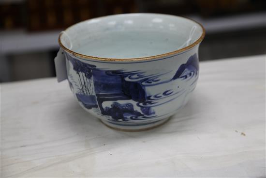 A Chinese blue and white censer, Transitional period, c.1640, 21.5cm., cracks to base, rim chip